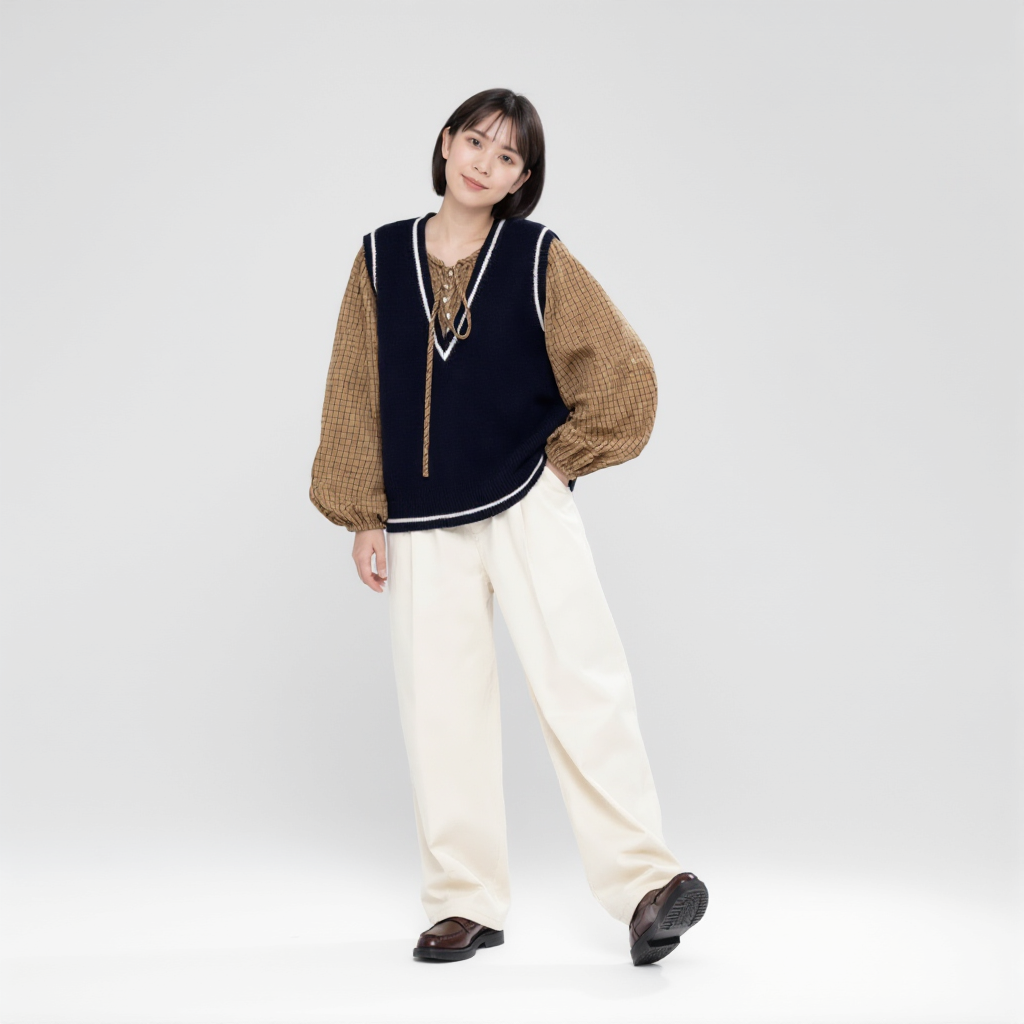 レトロ小格子 ゆったりリボンブラウス