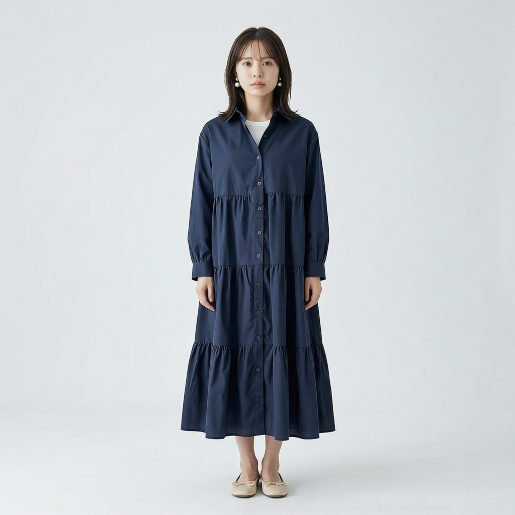 ゆったりシルエットの前開きティアードロングワンピース
