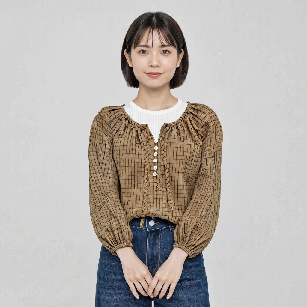レトロ小格子 ゆったりリボンブラウス
