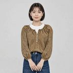 レトロ小格子 ゆったりリボンブラウス