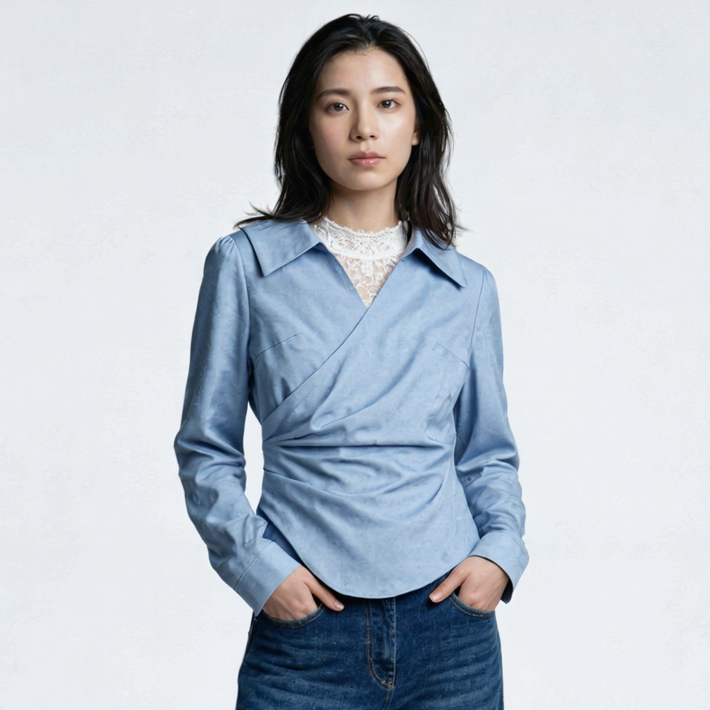 シンプル フィットシルエット 切替デザイン ドレープシャツ