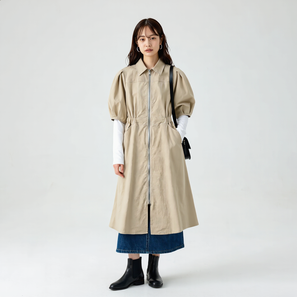 Aライン フロントジップ コットンワンピース