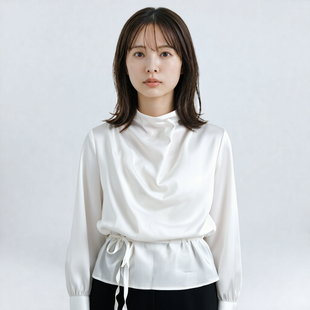 ドレープデザイン リボン付きハイネックブラウス