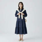 ゆったりシルエットの前開きティアードロングワンピース