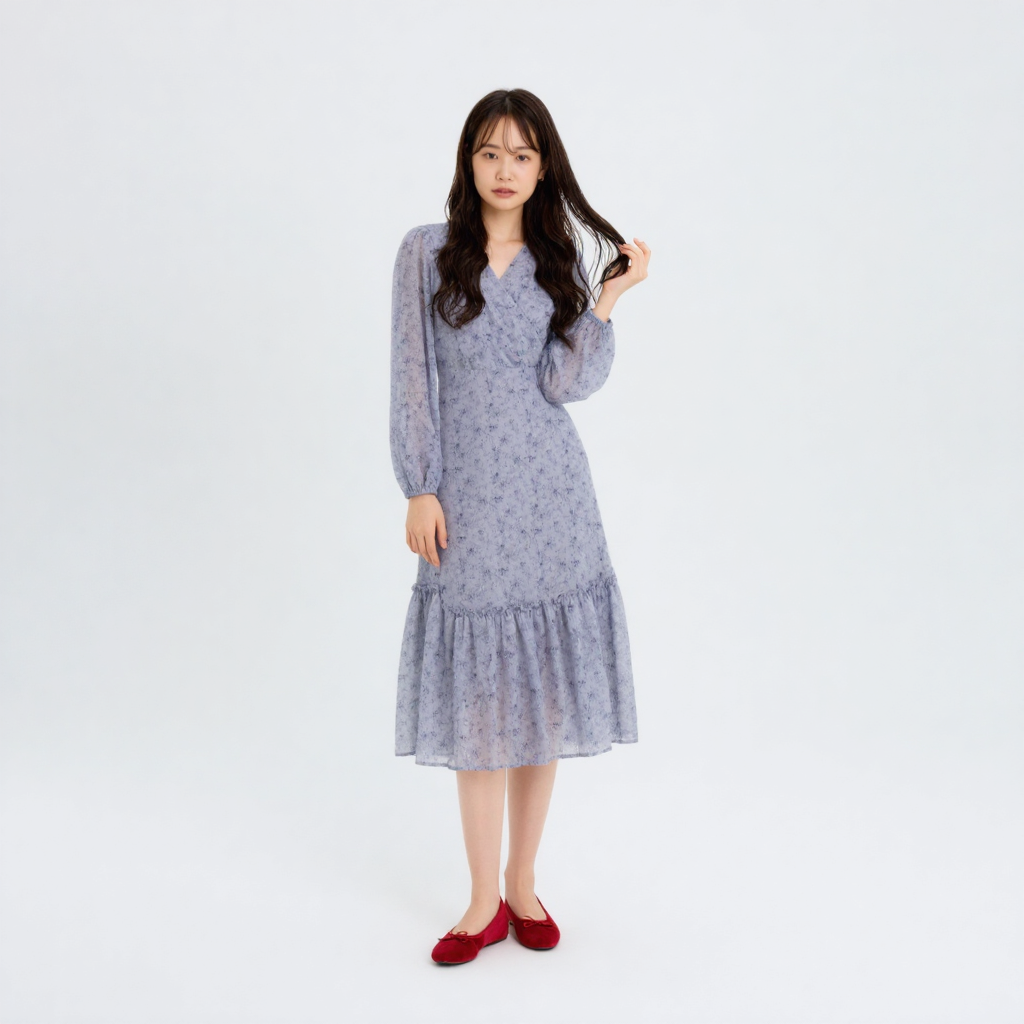 レトロ ロング丈 Vネック ドレープ ワンピース