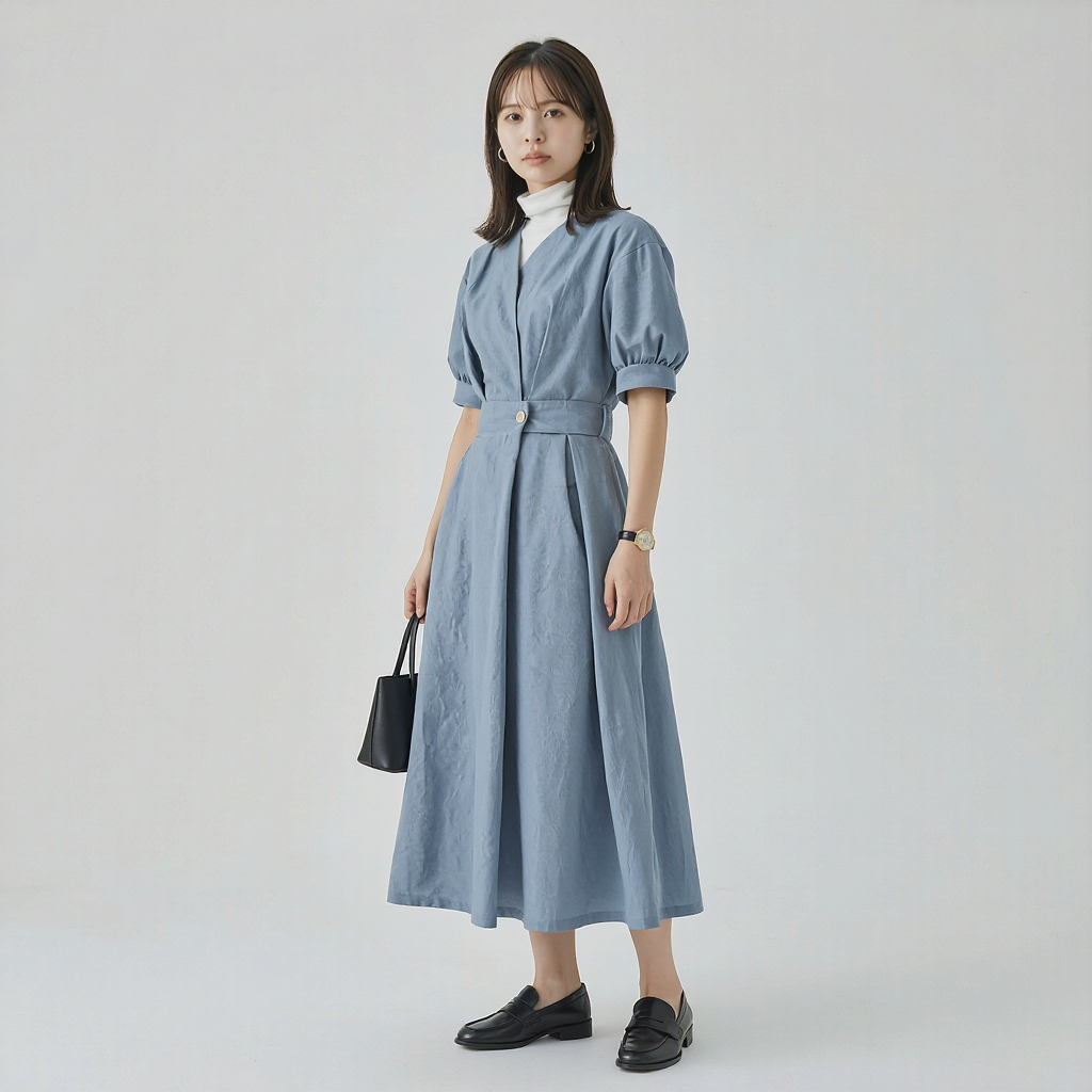 細見え Aライン 切り替え ドレープ ワンピース　