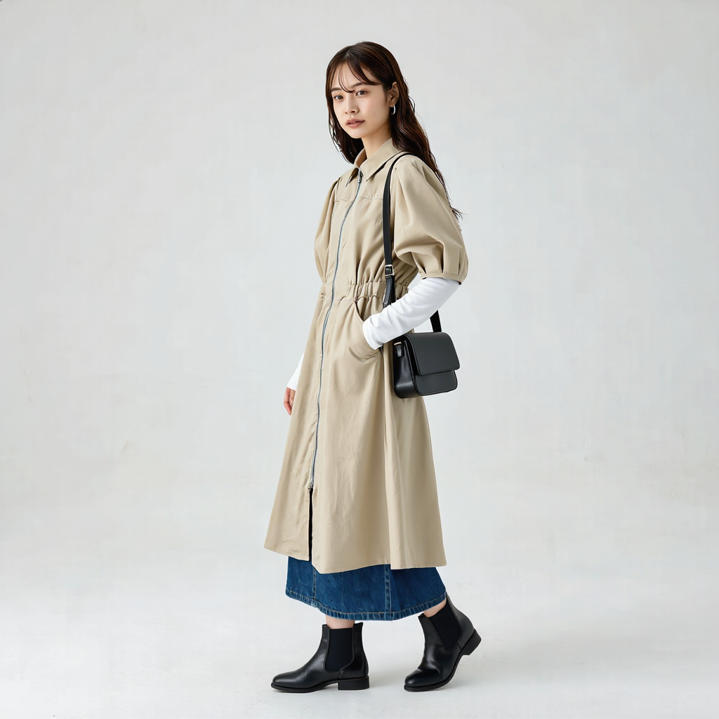 Aライン フロントジップ コットンワンピース