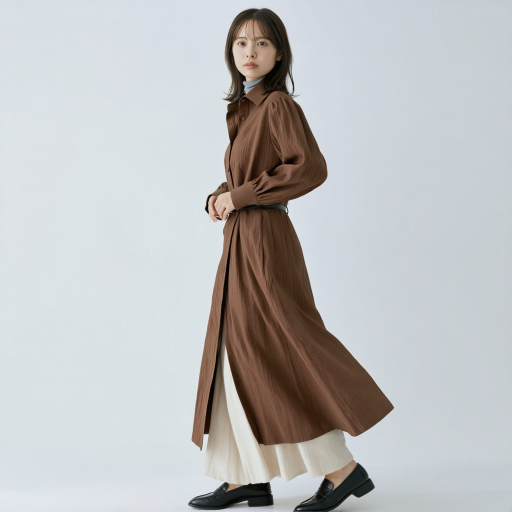 レトロ アシンメトリーボタン シャツワンピース