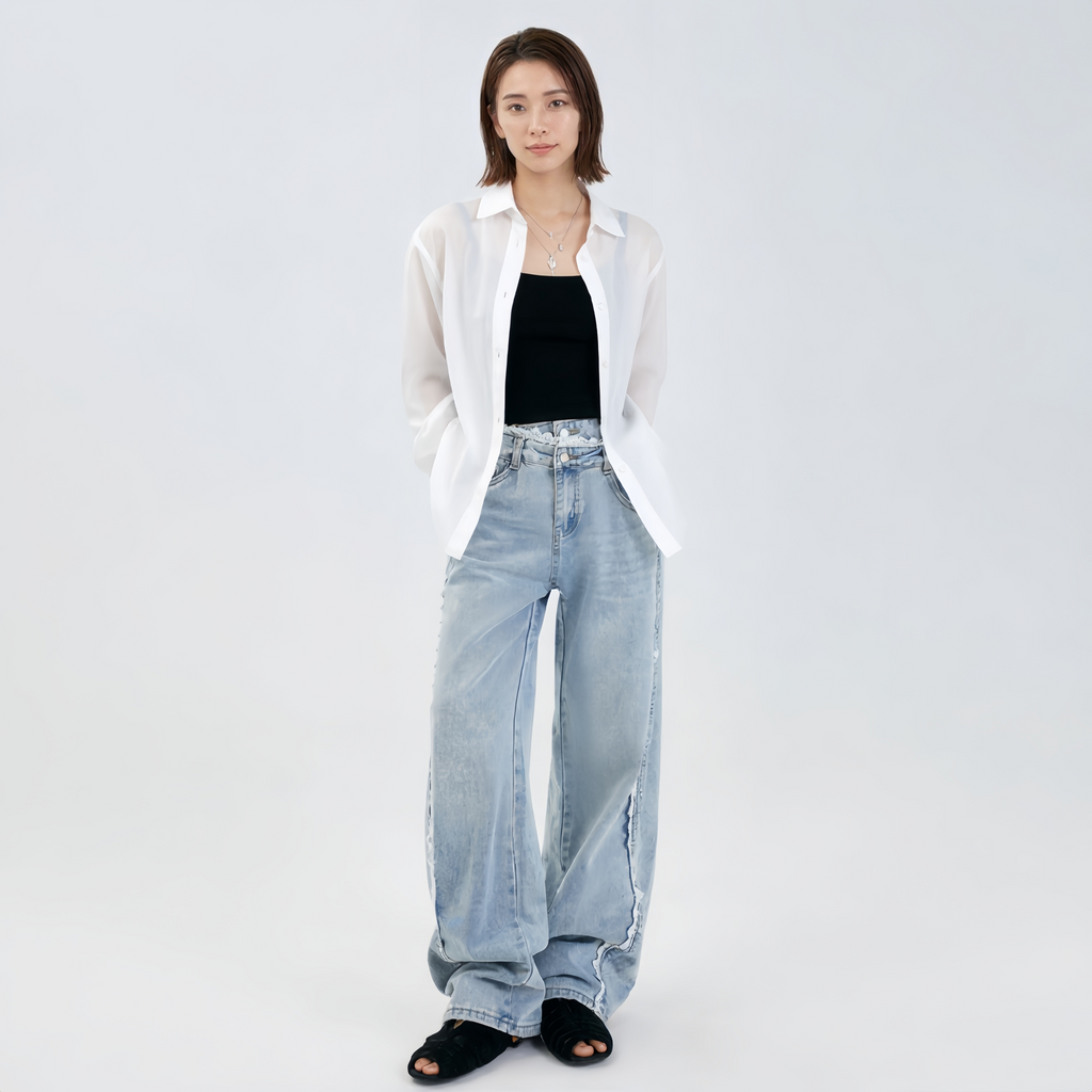 細見え ワイド レース デニムパンツ