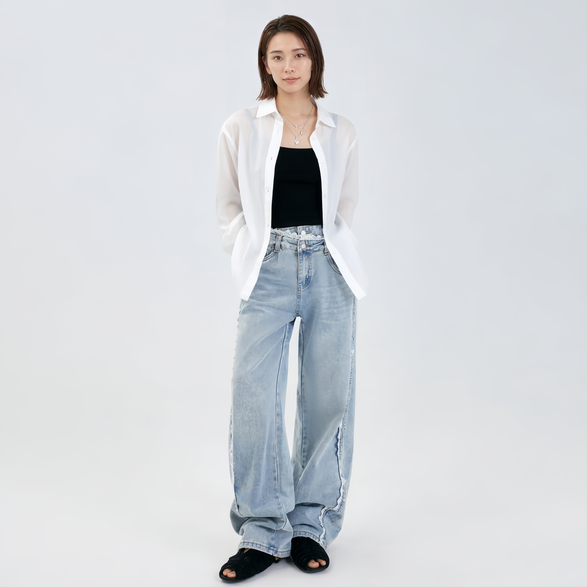 細見え ワイド レース デニムパンツ