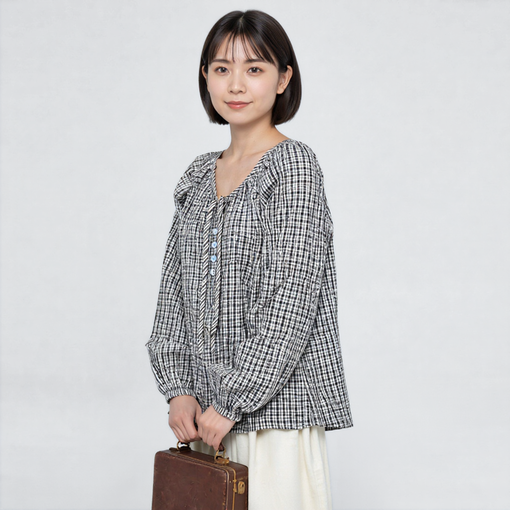 レトロ小格子 ゆったりリボンブラウス