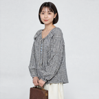 レトロ小格子 ゆったりリボンブラウス