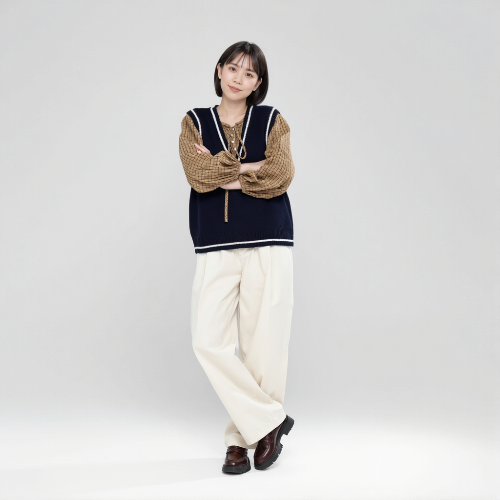 レトロ小格子 ゆったりリボンブラウス