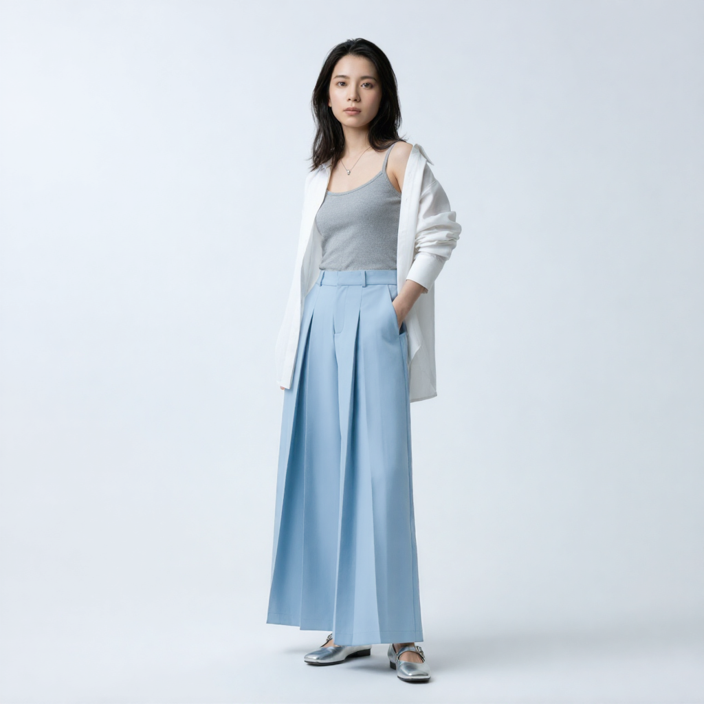 スタイルアップ ワイドシルエット ボタンデザイン ドレープパンツ