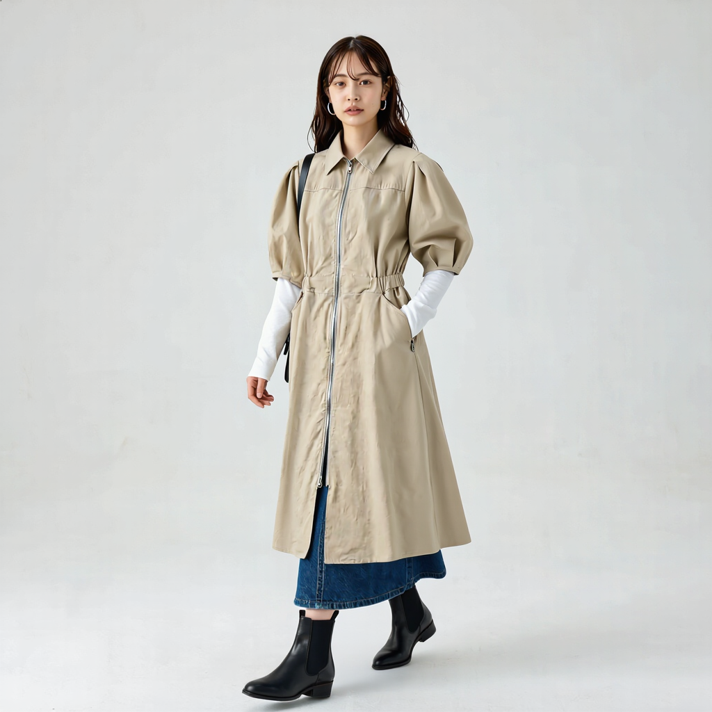 Aライン フロントジップ コットンワンピース
