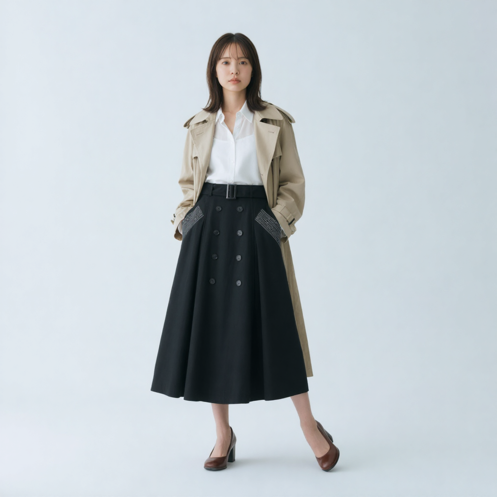 ヴィンテージ風 Aライン ボタンデザイン ドレープスカート