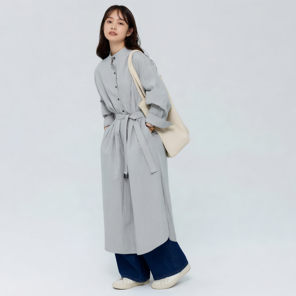 リラックス感 ロング丈 前ボタン ドレープ ワンピース