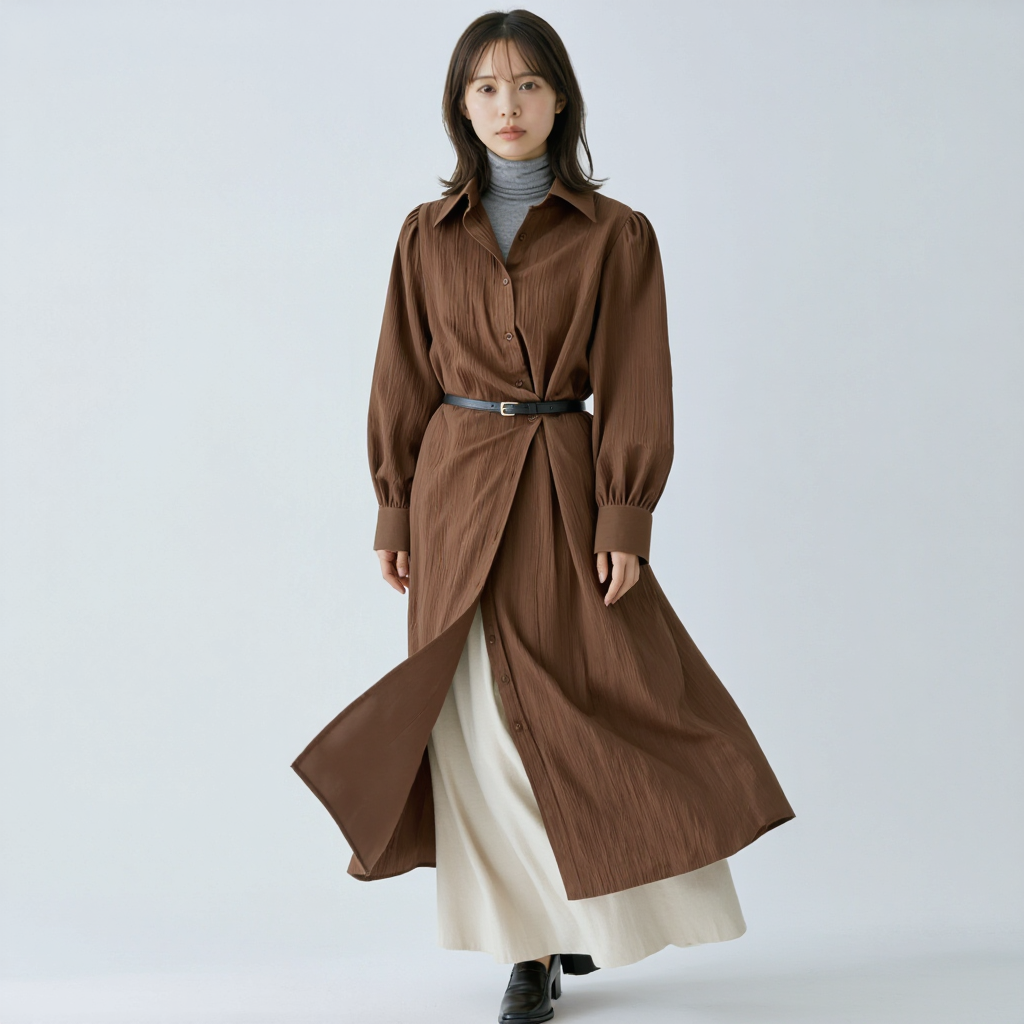 レトロ アシンメトリーボタン シャツワンピース