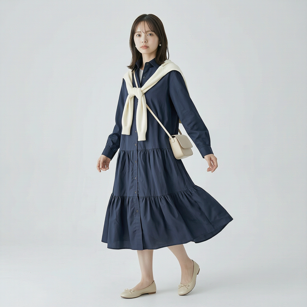 ゆったりシルエットの前開きティアードロングワンピース