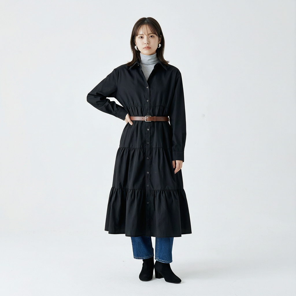 ゆったりシルエットの前開きティアードロングワンピース