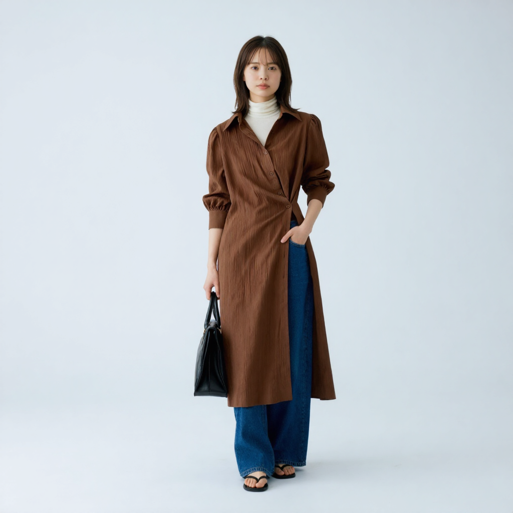 レトロ アシンメトリーボタン シャツワンピース