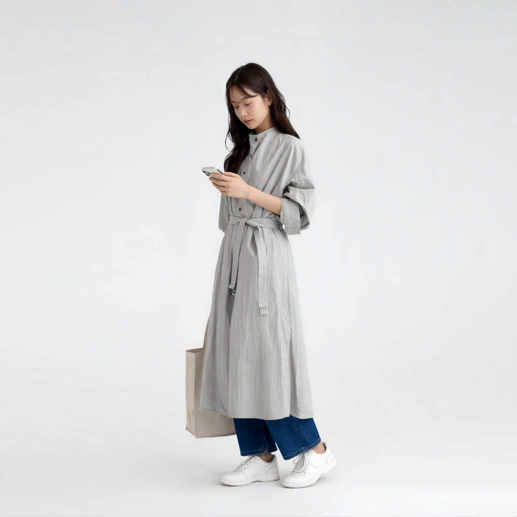 リラックス感 ロング丈 前ボタン ドレープ ワンピース