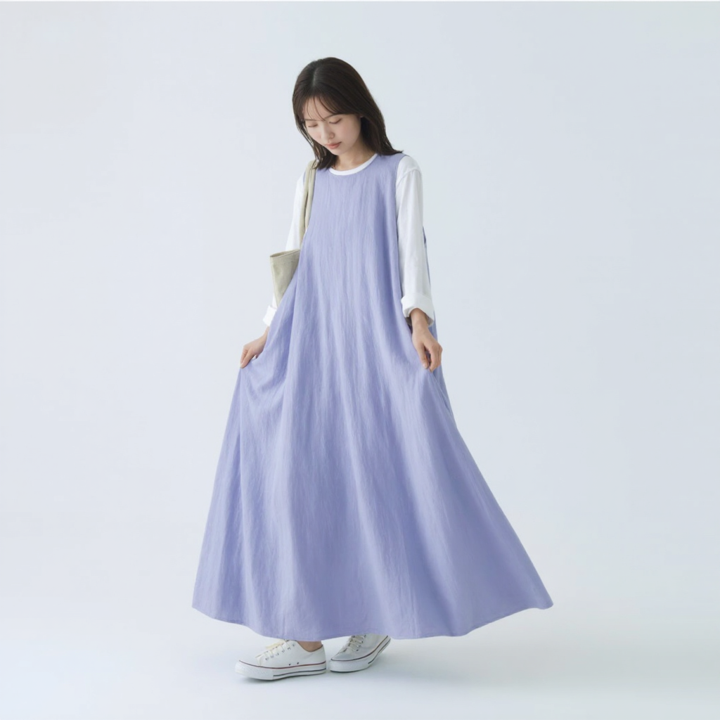 リラックス感 ゆったり ノースリーブ 綿麻 ワンピース