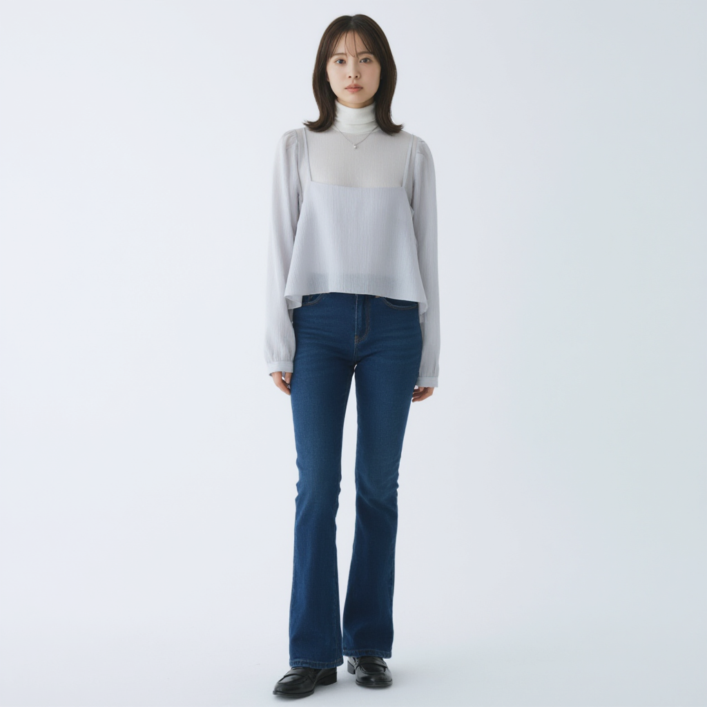 ヴィンテージ風 フィットシルエット フェイクレイヤード シフォン セットアップ　