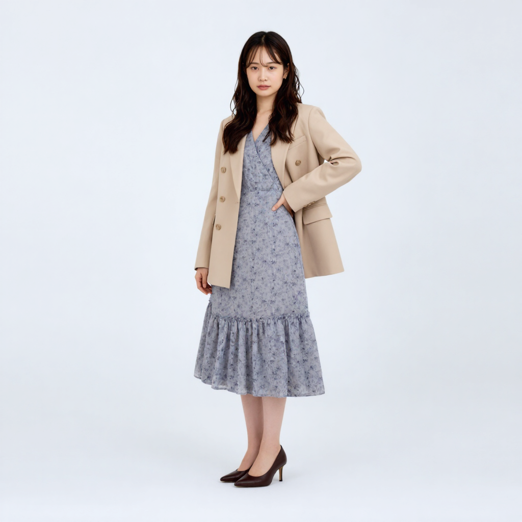 レトロ ロング丈 Vネック ドレープ ワンピース