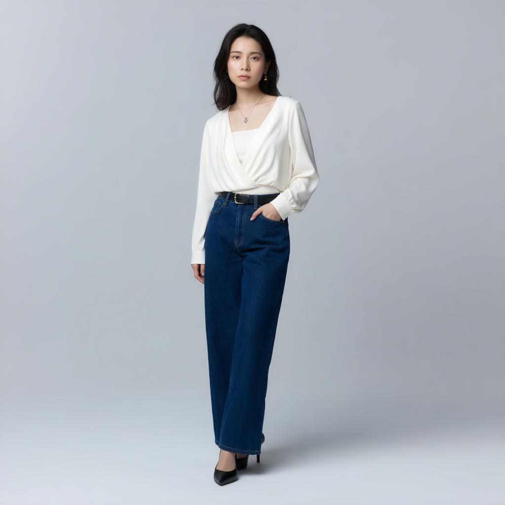 細見え フィット感 偽レイヤード ドレープシャツ
