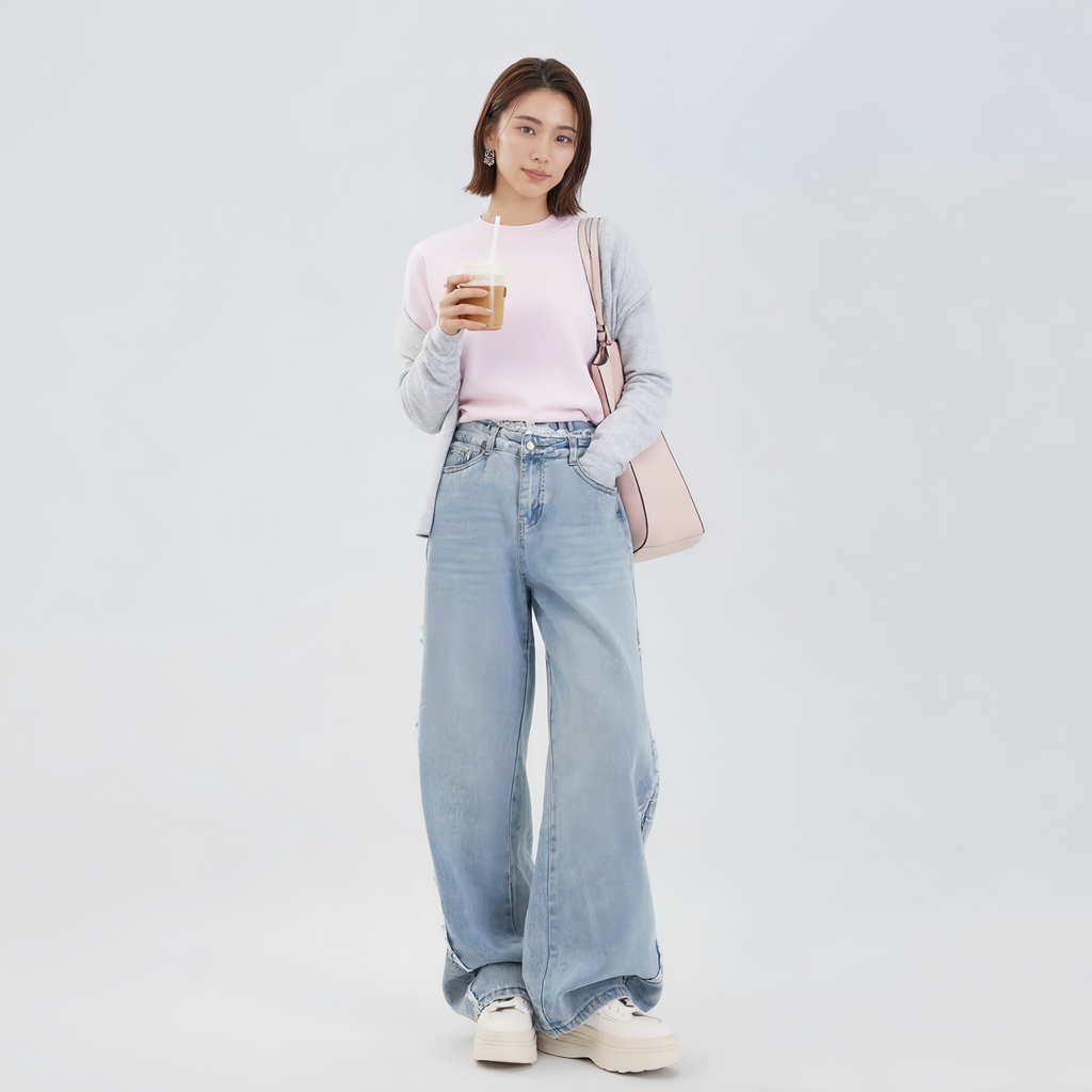 細見え ワイド レース デニムパンツ