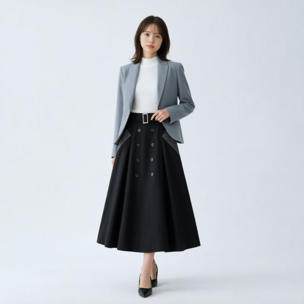 ヴィンテージ風 Aライン ボタンデザイン ドレープスカート