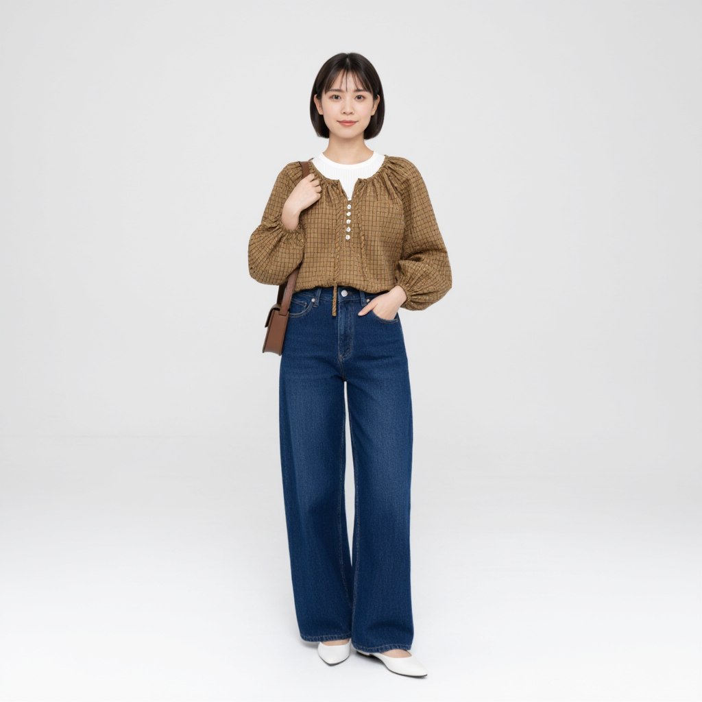 レトロ小格子 ゆったりリボンブラウス