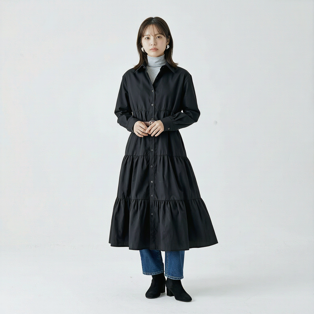 ゆったりシルエットの前開きティアードロングワンピース