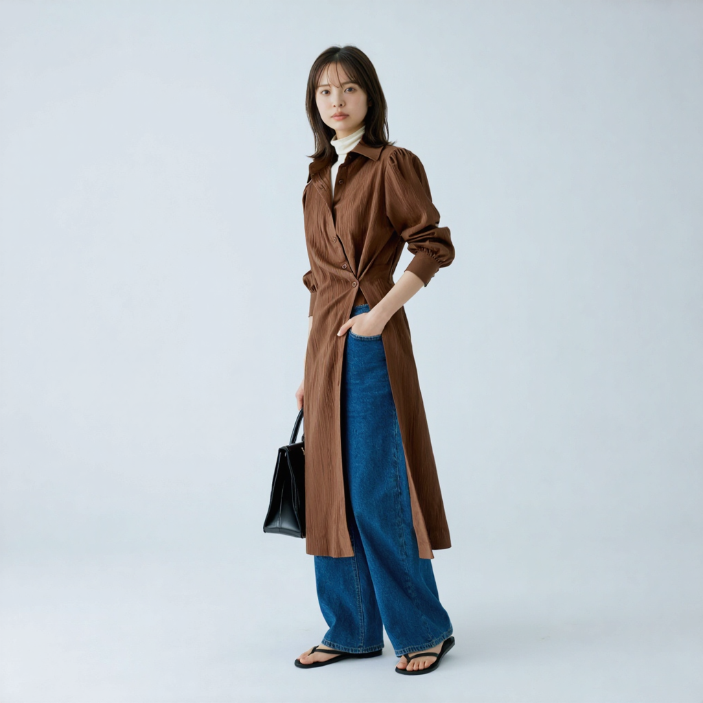 レトロ アシンメトリーボタン シャツワンピース