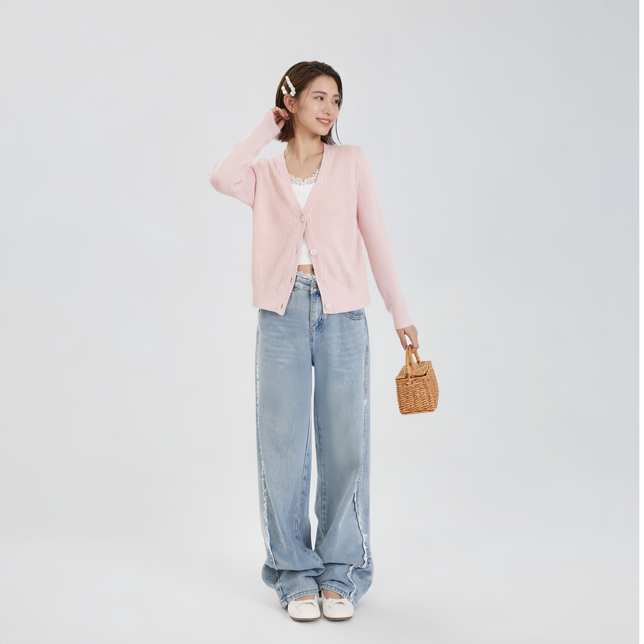 細見え ワイド レース デニムパンツ