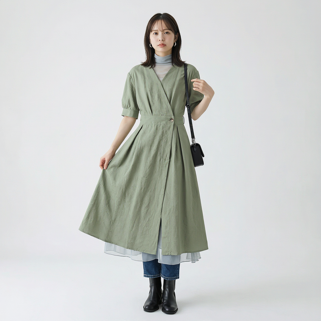 細見え Aライン 切り替え ドレープ ワンピース　