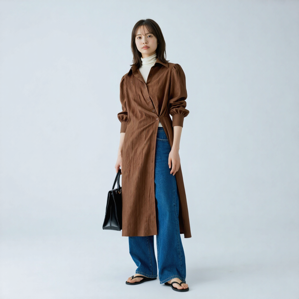 レトロ アシンメトリーボタン シャツワンピース