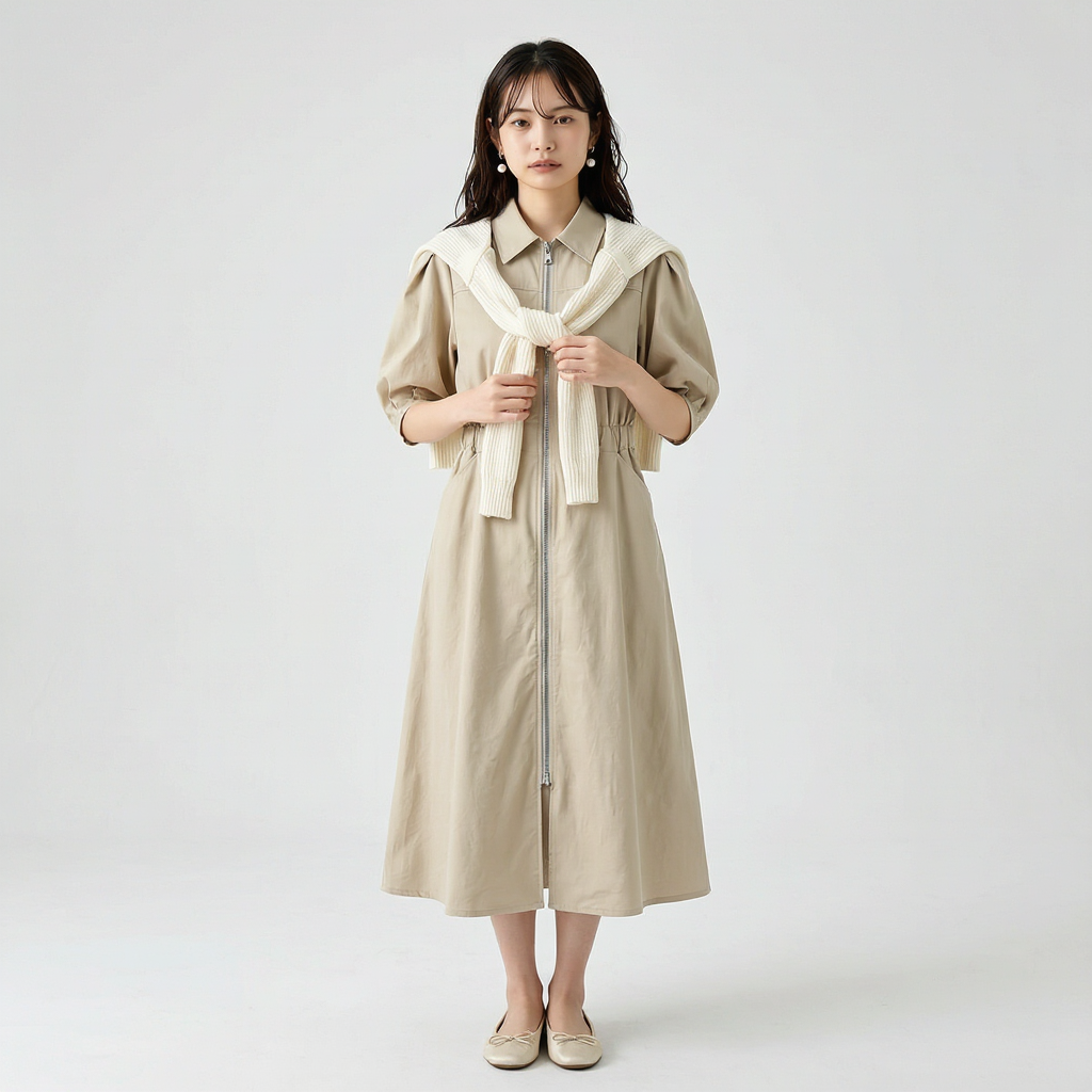 Aライン フロントジップ コットンワンピース