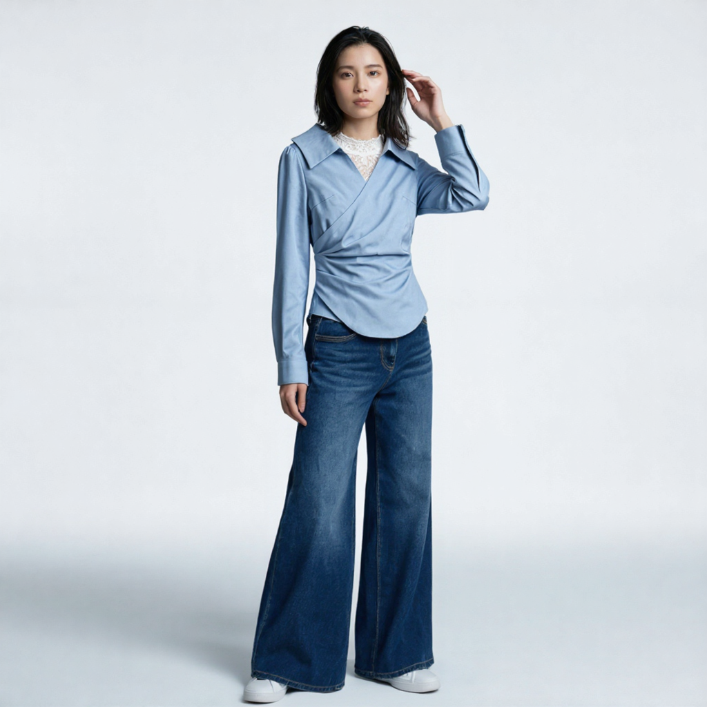 シンプル フィットシルエット 切替デザイン ドレープシャツ