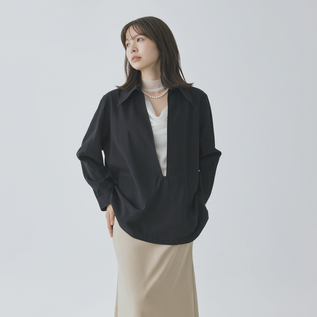 リラックス感 ゆったり 襟付き ドレープシャツ