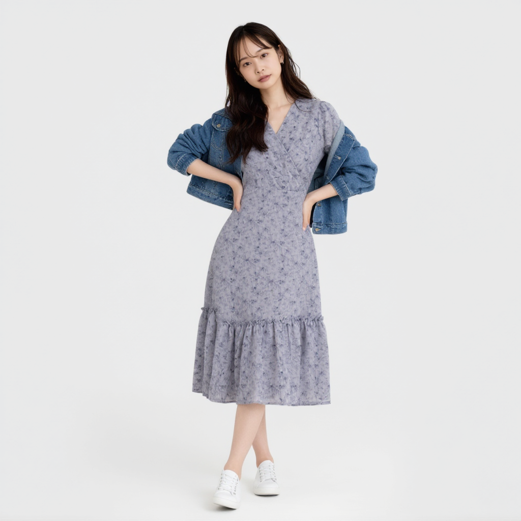 レトロ ロング丈 Vネック ドレープ ワンピース