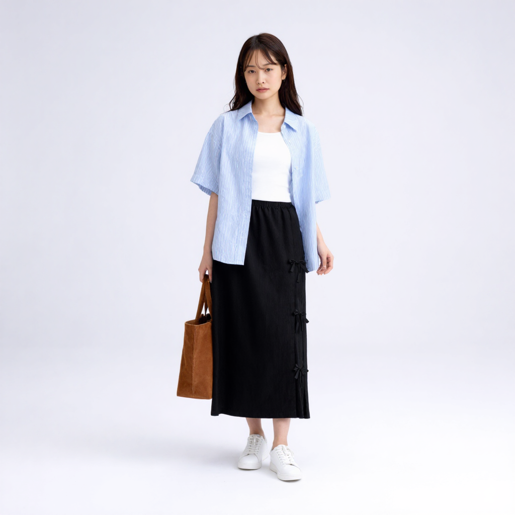 レトロIライン リボンディテールロングスカート