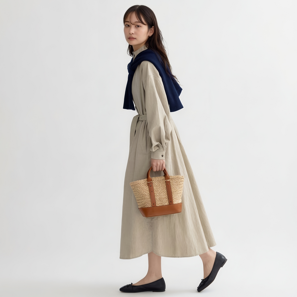 リラックス感 ロング丈 前ボタン ドレープ ワンピース