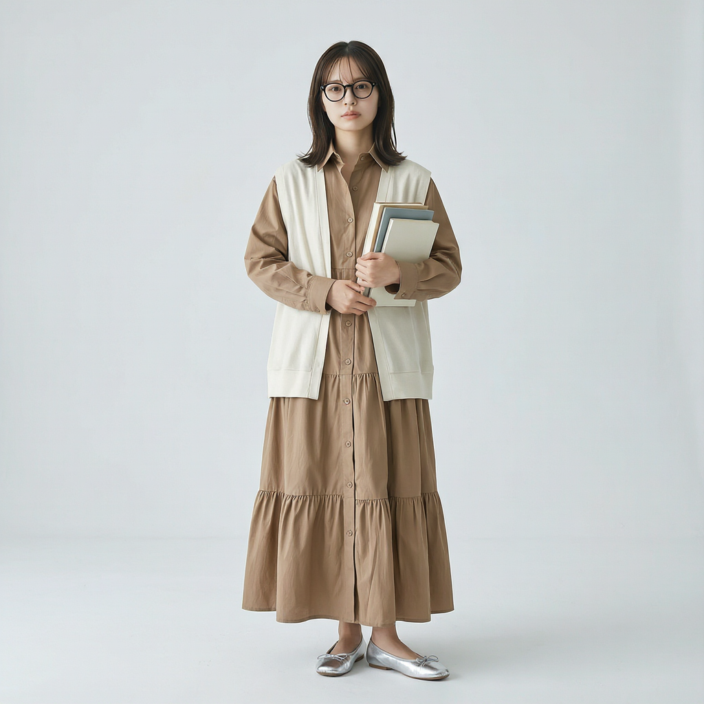 ゆったりシルエットの前開きティアードロングワンピース