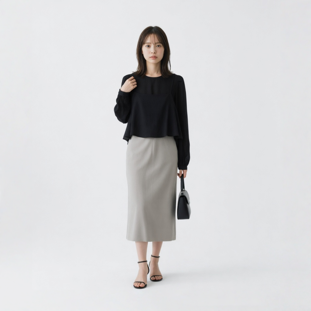 ヴィンテージ風 フィットシルエット フェイクレイヤード シフォン セットアップ　
