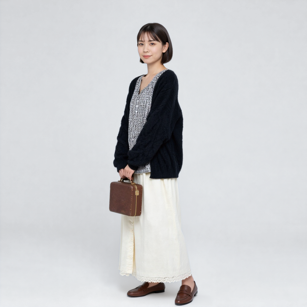 レトロ小格子 ゆったりリボンブラウス