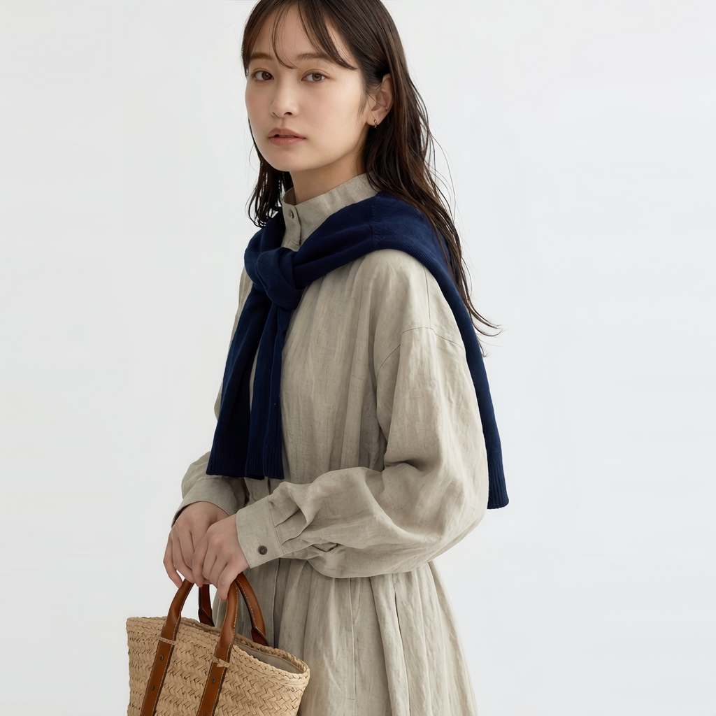 リラックス感 ロング丈 前ボタン ドレープ ワンピース