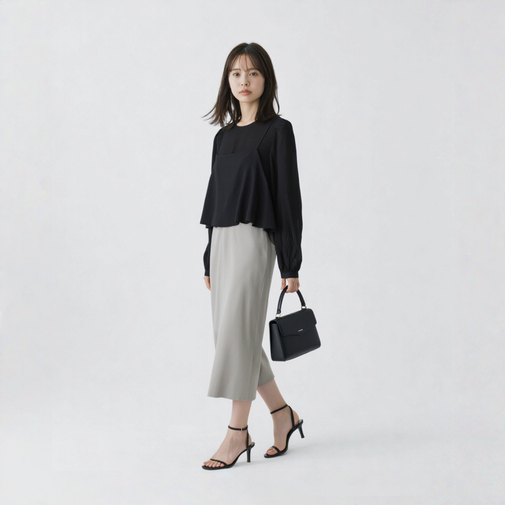 ヴィンテージ風 フィットシルエット フェイクレイヤード シフォン セットアップ　