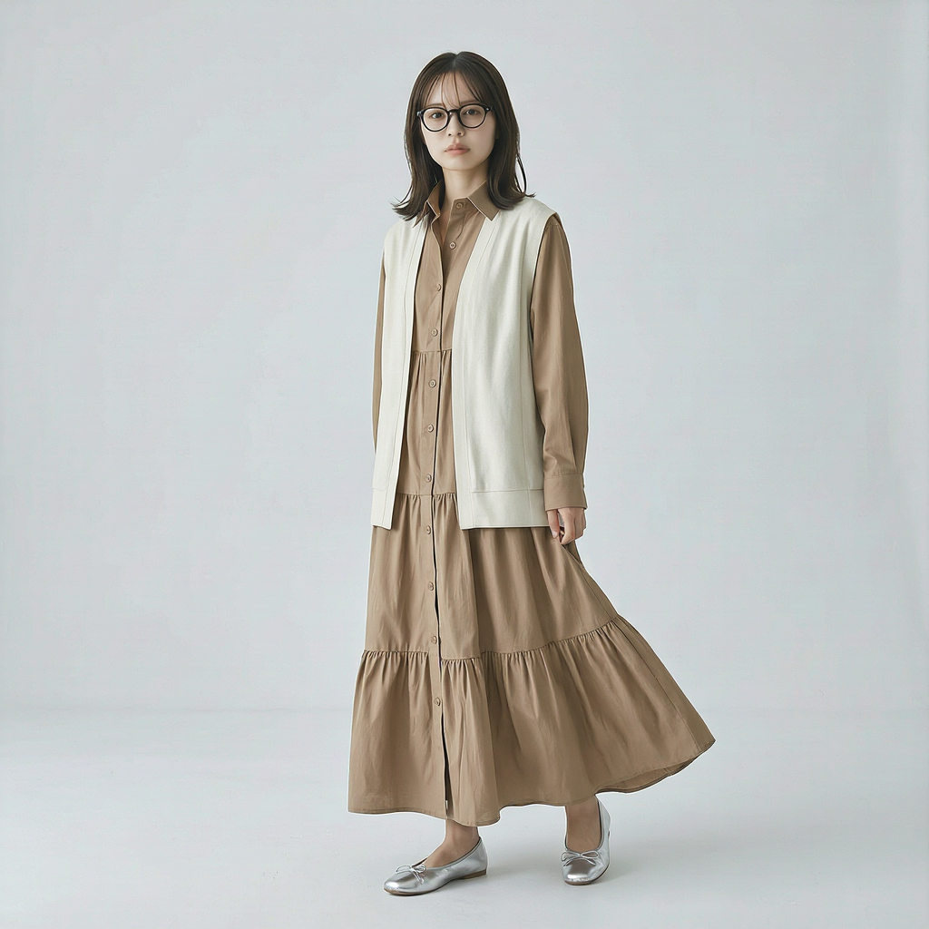 ゆったりシルエットの前開きティアードロングワンピース